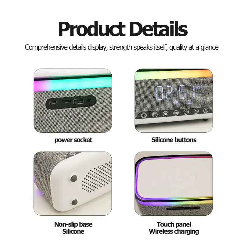 Wireless Speaker, 10W Bluetooth Speaker with 15W Wireless Charging, 13-Color Night Light, Alarm, White Noise, FM Radio, Portable, Stereo, TWS, BT5.3, for Home, Office & Bedroom (White)