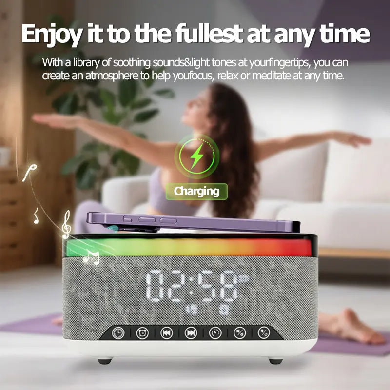 Wireless Speaker, 10W Bluetooth Speaker with 15W Wireless Charging, 13-Color Night Light, Alarm, White Noise, FM Radio, Portable, Stereo, TWS, BT5.3, for Home, Office & Bedroom (White)