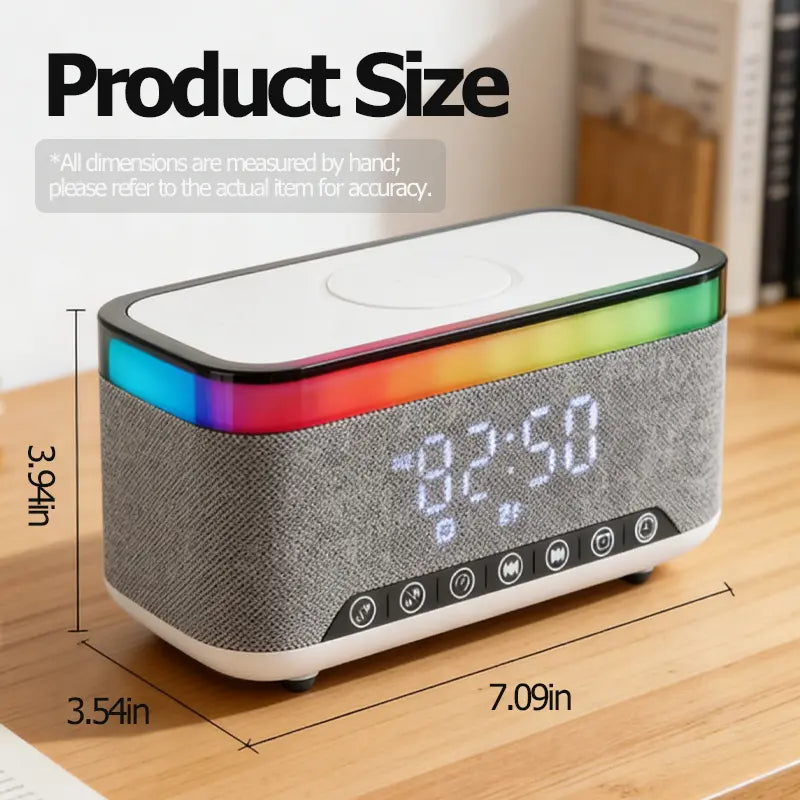 Wireless Speaker, 10W Bluetooth Speaker with 15W Wireless Charging, 13-Color Night Light, Alarm, White Noise, FM Radio, Portable, Stereo, TWS, BT5.3, for Home, Office & Bedroom (White)