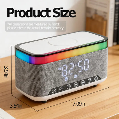 Wireless Speaker, 10W Bluetooth Speaker with 15W Wireless Charging, 13-Color Night Light, Alarm, White Noise, FM Radio, Portable, Stereo, TWS, BT5.3, for Home, Office & Bedroom (White)