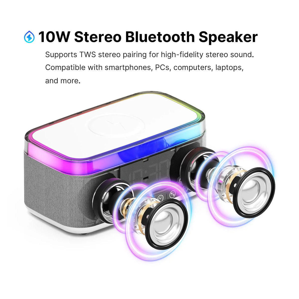 Wireless Speaker, 10W Bluetooth Speaker with 15W Wireless Charging, 13-Color Night Light, Alarm, White Noise, FM Radio, Portable, Stereo, TWS, BT5.3, for Home, Office & Bedroom (White)