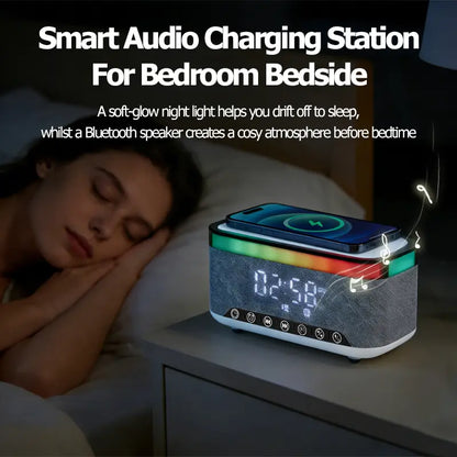 Wireless Speaker, 10W Bluetooth Speaker with 15W Wireless Charging, 13-Color Night Light, Alarm, White Noise, FM Radio, Portable, Stereo, TWS, BT5.3, for Home, Office & Bedroom (White)