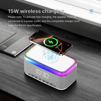 Wireless Speaker, 10W Bluetooth Speaker with 15W Wireless Charging, 13-Color Night Light, Alarm, White Noise, FM Radio, Portable, Stereo, TWS, BT5.3, for Home, Office & Bedroom (White)