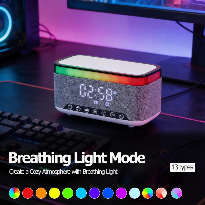 Wireless Speaker, 10W Bluetooth Speaker with 15W Wireless Charging, 13-Color Night Light, Alarm, White Noise, FM Radio, Portable, Stereo, TWS, BT5.3, for Home, Office & Bedroom (White)